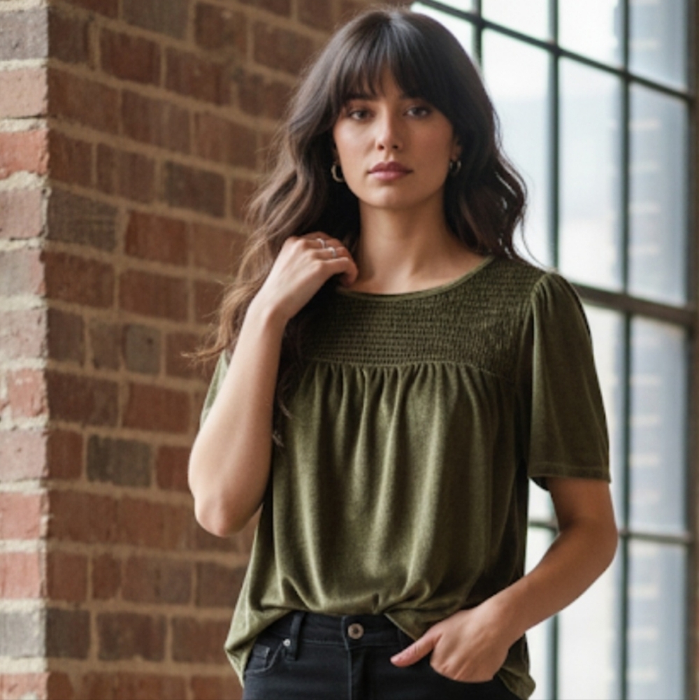 Mariloup Wolfe khaki green velvet Smock Babydoll Top,whimsigoth,bohemian,size M